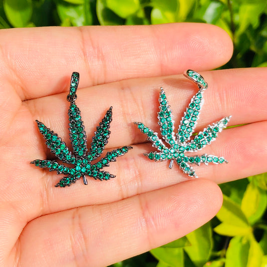 5pcs/lot 25*21.5mm Green CZ Paved Cannabis Leaf Plant Charms CZ Paved Charms Colorful Zirconia Flowers Charms Beads Beyond