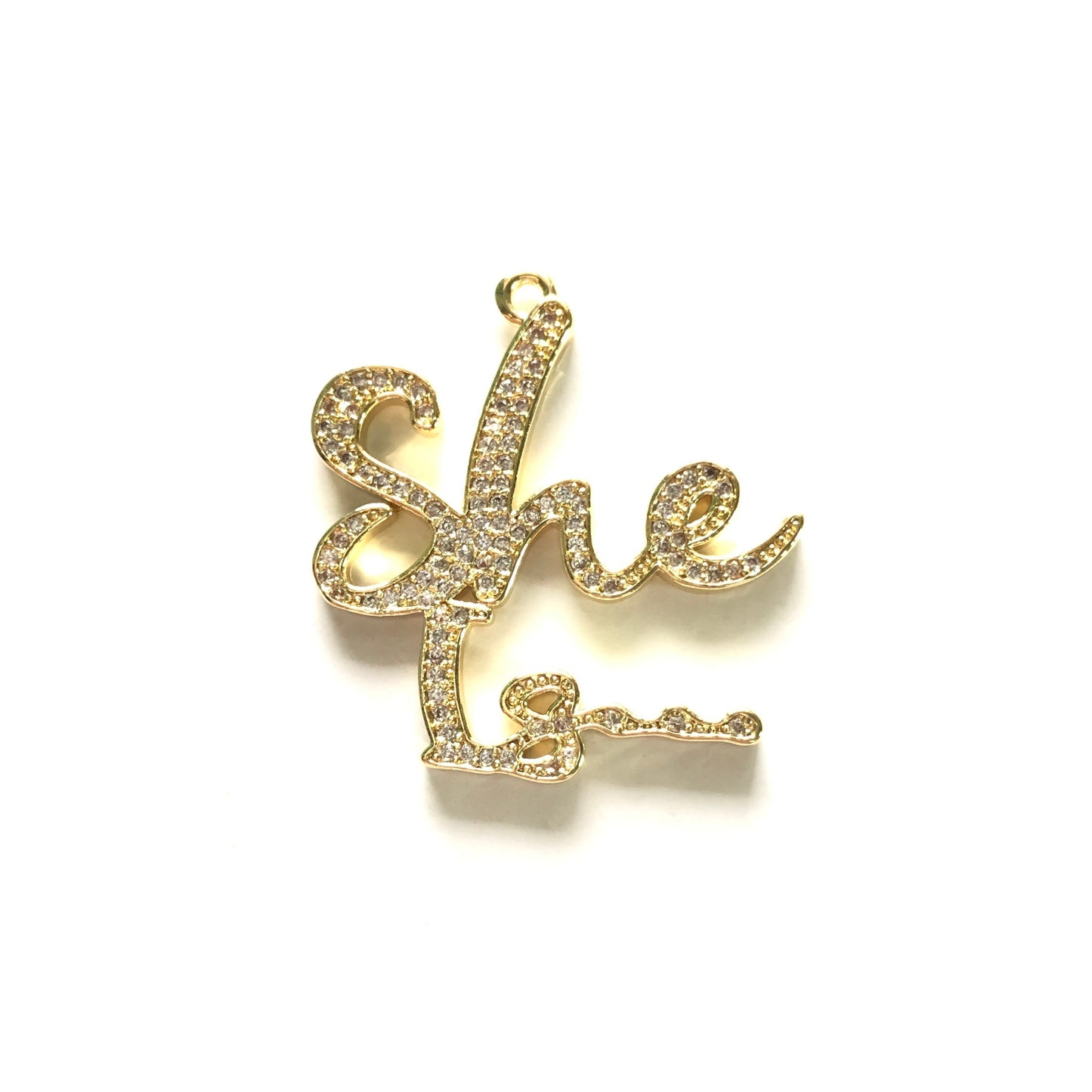 10pcs/lot 32*30mmCZ Paved She Is... Charms Gold CZ Paved Charms Words & Quotes Charms Beads Beyond