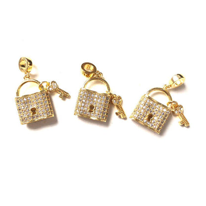 10pcs/lot 18.5*14.5mm CZ Paved Lock & Key Charms Gold CZ Paved Charms Keys & Locks Charms Beads Beyond