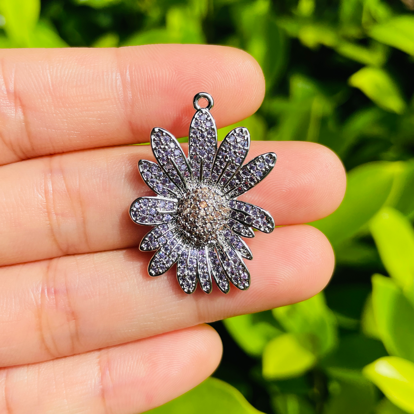 5/lot 27.5*21.5mm Colorful CZ Paved Flower Charms Purpler on Silver CZ Paved Charms Colorful Zirconia Flowers Charms Beads Beyond