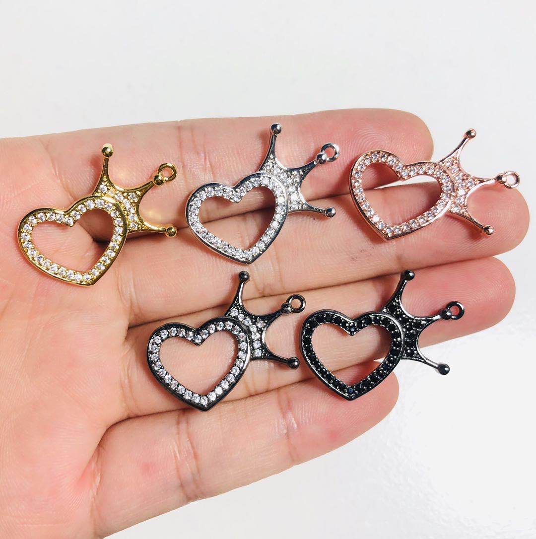 10pcs/lot 24*21.5mm CZ Paved Crown Heart Charms CZ Paved Charms Crowns Hearts On Sale Charms Beads Beyond