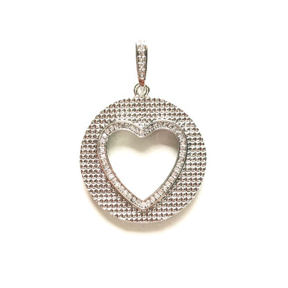 10pcs/lot 40*28.3mm CZ Pave Round Hollow Heart Charms Silver CZ Paved Charms Discs Hearts On Sale Charms Beads Beyond