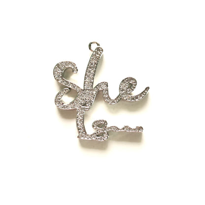 10pcs/lot 32*30mmCZ Paved She Is... Charms Silver CZ Paved Charms Words & Quotes Charms Beads Beyond