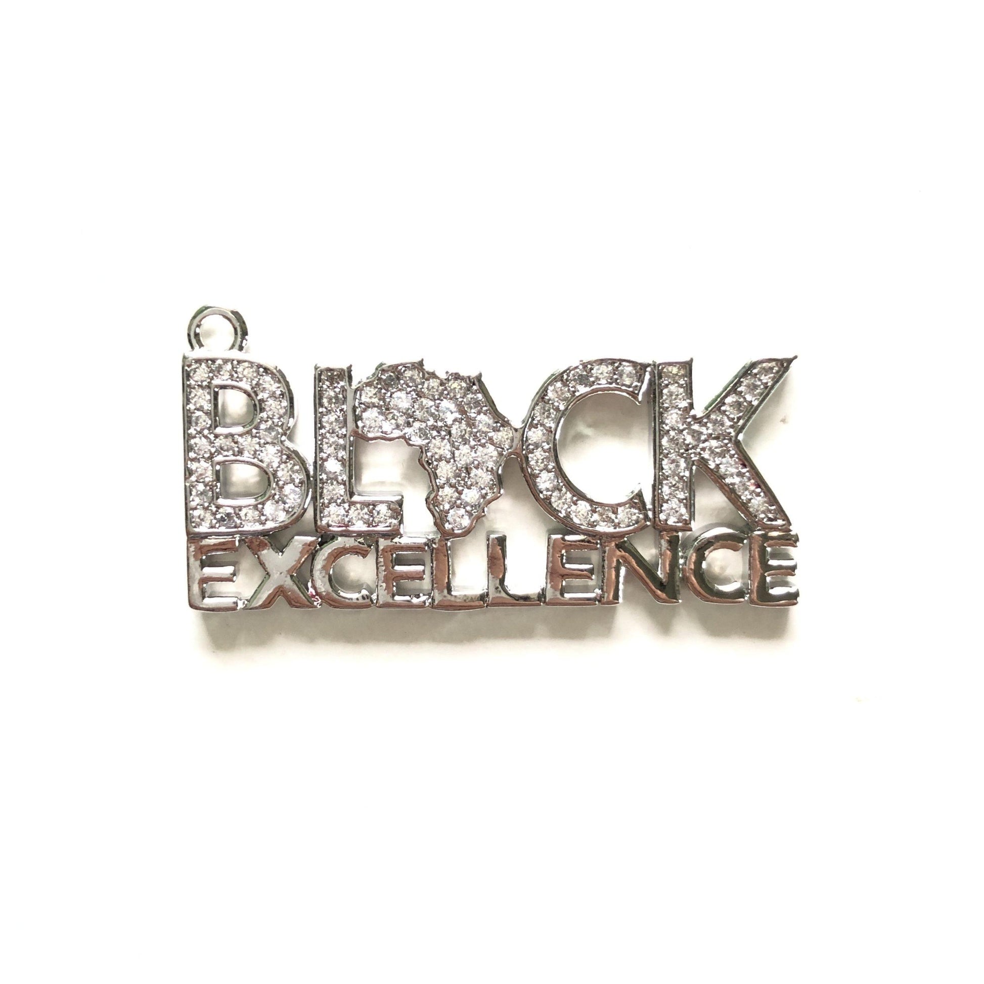 10pcs/lot 34.5*15mm CZ Paved Black Excellence Charms Black History Month Juneteenth Awareness Silver CZ Paved Charms Juneteenth & Black History Month Awareness Words & Quotes Charms Beads Beyond