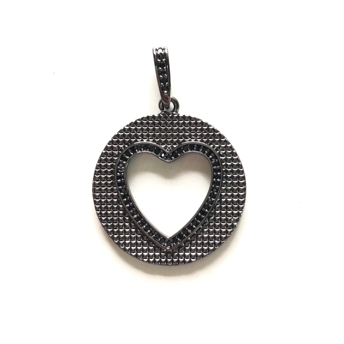 10pcs/lot 40*28.3mm CZ Pave Round Hollow Heart Charms Black on Black CZ Paved Charms Discs Hearts On Sale Charms Beads Beyond