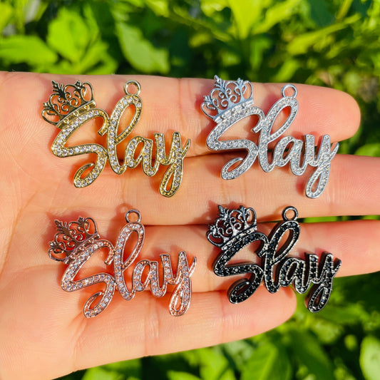 10pcs/lot 32*24mm CZ Paved Crown Slay Letter Charms Mix Colors CZ Paved Charms Crowns Words & Quotes Charms Beads Beyond