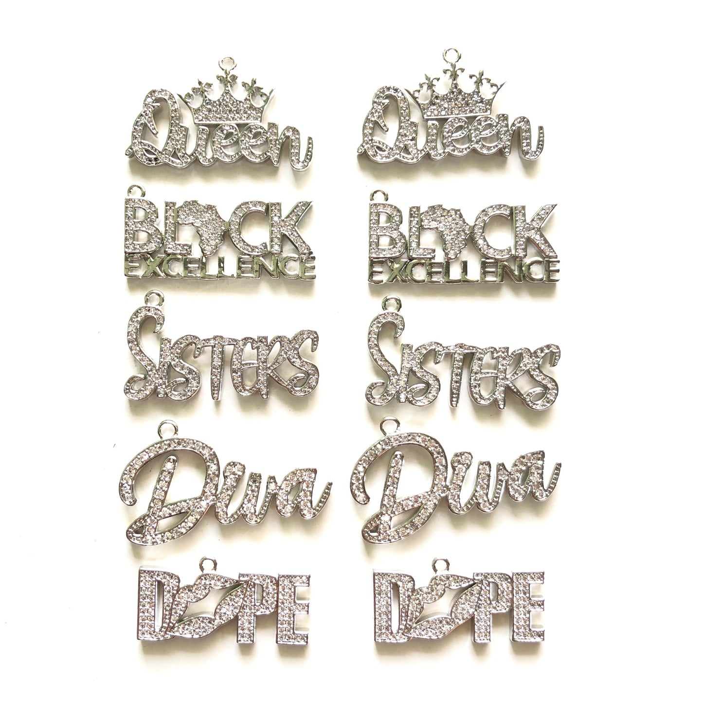 10pcs/lot Mix DIVA DOPE QUEEN SISTERS BLACK EXCELLENCE Word Charms Set- Silver CZ Paved Charms Mix Charms Charms Beads Beyond