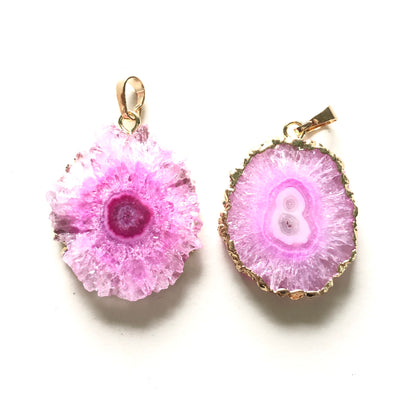1PC 25-40mm Gold Plated Natural Sunflower Agate Charms-Premium Quality Pink on Gold Stone Charms Charms Beads Beyond