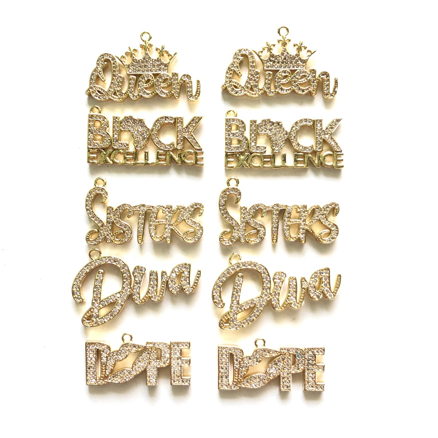 10pcs/lot Mix DIVA DOPE QUEEN SISTERS BLACK EXCELLENCE Word Charms Set- Gold CZ Paved Charms Mix Charms Charms Beads Beyond