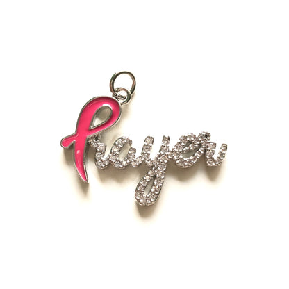 10pcs/lot CZ Paved Pink Ribbon Prayer Charms - Breast Cancer Awareness Silver CZ Paved Charms Breast Cancer Awareness Charms Beads Beyond