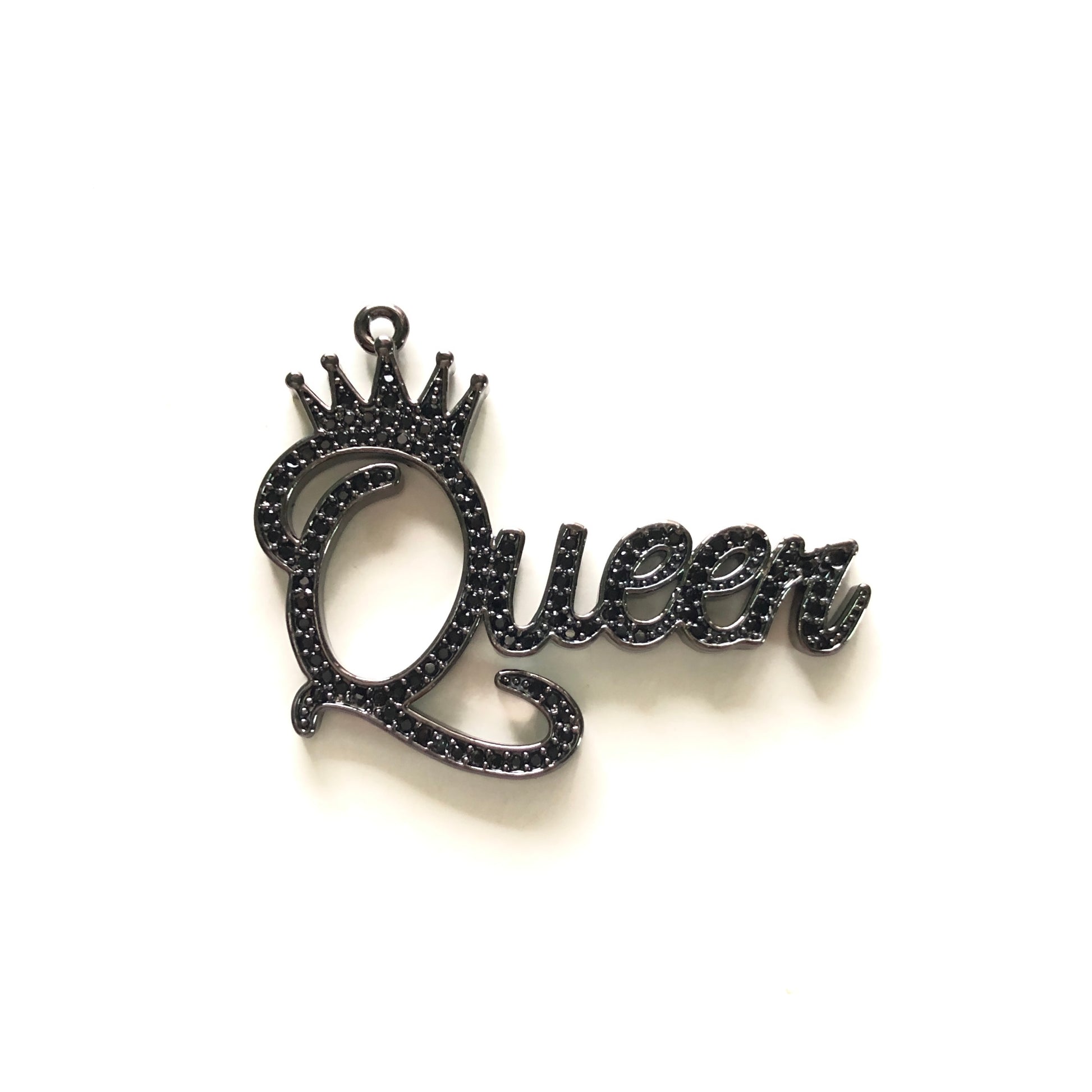 10pcs/lot 39*30mm CZ Paved Crown Queen Word Charms Black on Black CZ Paved Charms Crowns Queen Charms Words & Quotes Charms Beads Beyond