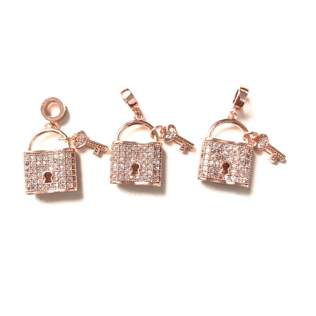 10pcs/lot 18.5*14.5mm CZ Paved Lock & Key Charms Rose Gold CZ Paved Charms Keys & Locks Charms Beads Beyond