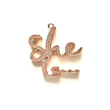 10pcs/lot 32*30mmCZ Paved She Is... Charms Rose Gold CZ Paved Charms Words & Quotes Charms Beads Beyond
