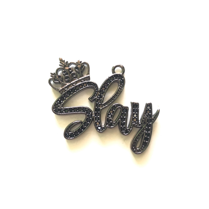 10pcs/lot 32*24mm CZ Paved Crown Slay Letter Charms Black on Black CZ Paved Charms Crowns Words & Quotes Charms Beads Beyond