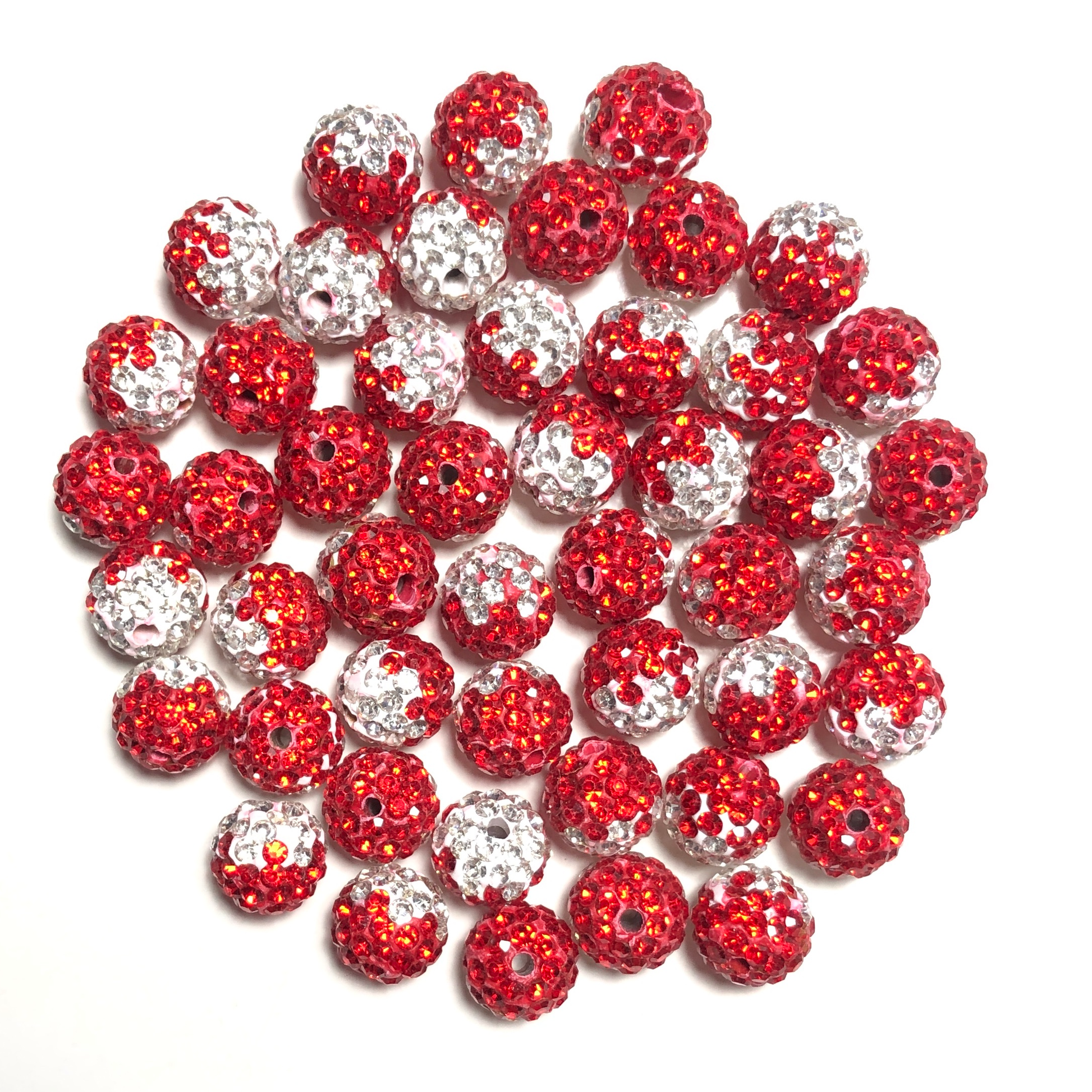 50-100pcs/lot 10mm White & Red Rhinestone Clay Disco Ball Beads, Clay Beads