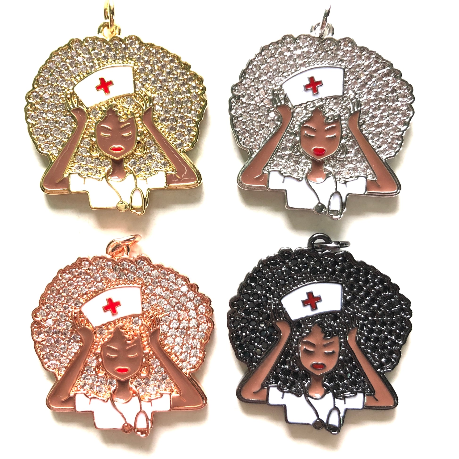 10pcs/lot 31*33mm CZ Paved Black Nurse Afro Girl Charms CZ Paved Charms Afro Girl/Queen Charms New Charms Arrivals Nurse Inspired Charms Beads Beyond