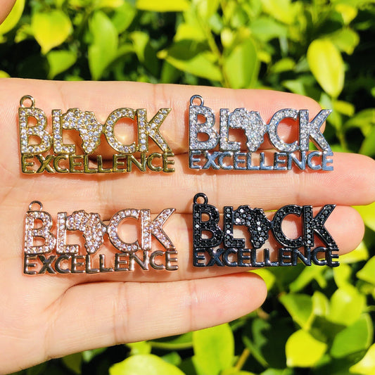 10pcs/lot 34.5*15mm CZ Paved Black Excellence Charms Black History Month Juneteenth Awareness Mix Color CZ Paved Charms Juneteenth & Black History Month Awareness Words & Quotes Charms Beads Beyond