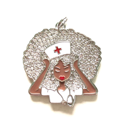 10pcs/lot 31*33mm CZ Paved Black Nurse Afro Girl Charms CZ Paved Charms Afro Girl/Queen Charms New Charms Arrivals Nurse Inspired Charms Beads Beyond