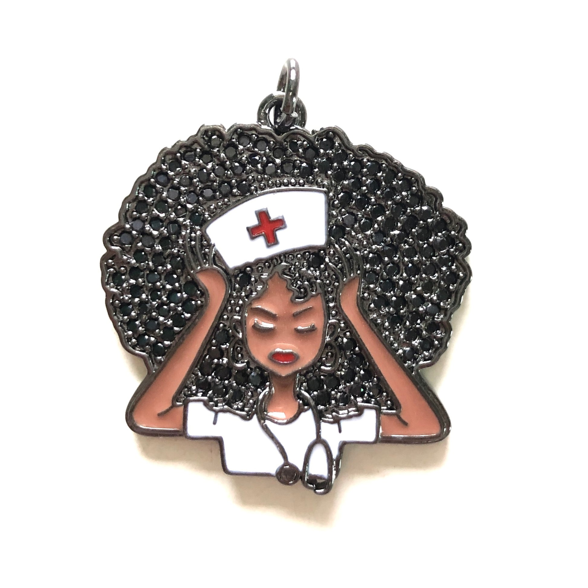 10pcs/lot 31*33mm CZ Paved Black Nurse Afro Girl Charms CZ Paved Charms Afro Girl/Queen Charms New Charms Arrivals Nurse Inspired Charms Beads Beyond