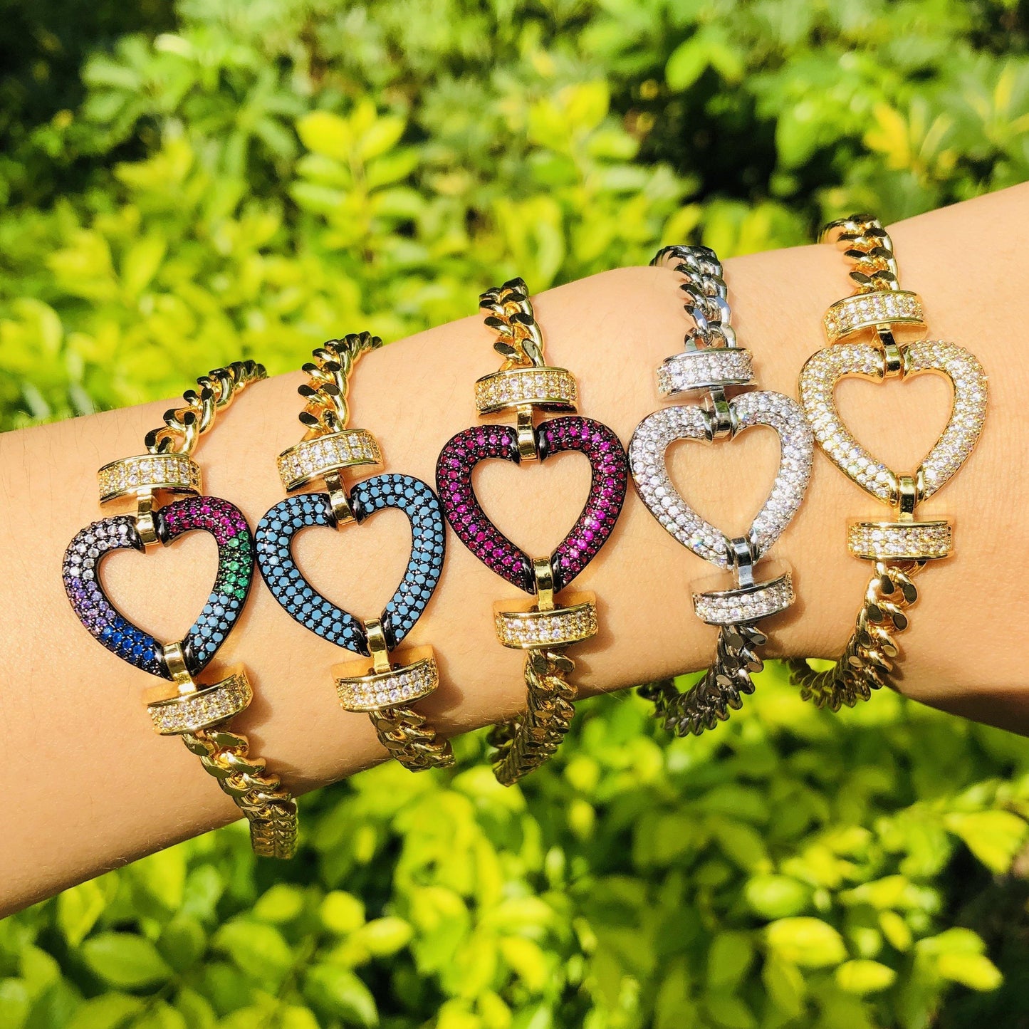 8inch Multicolor CZ Paved Heart Chain Bracelets Women Bracelets Charms Beads Beyond