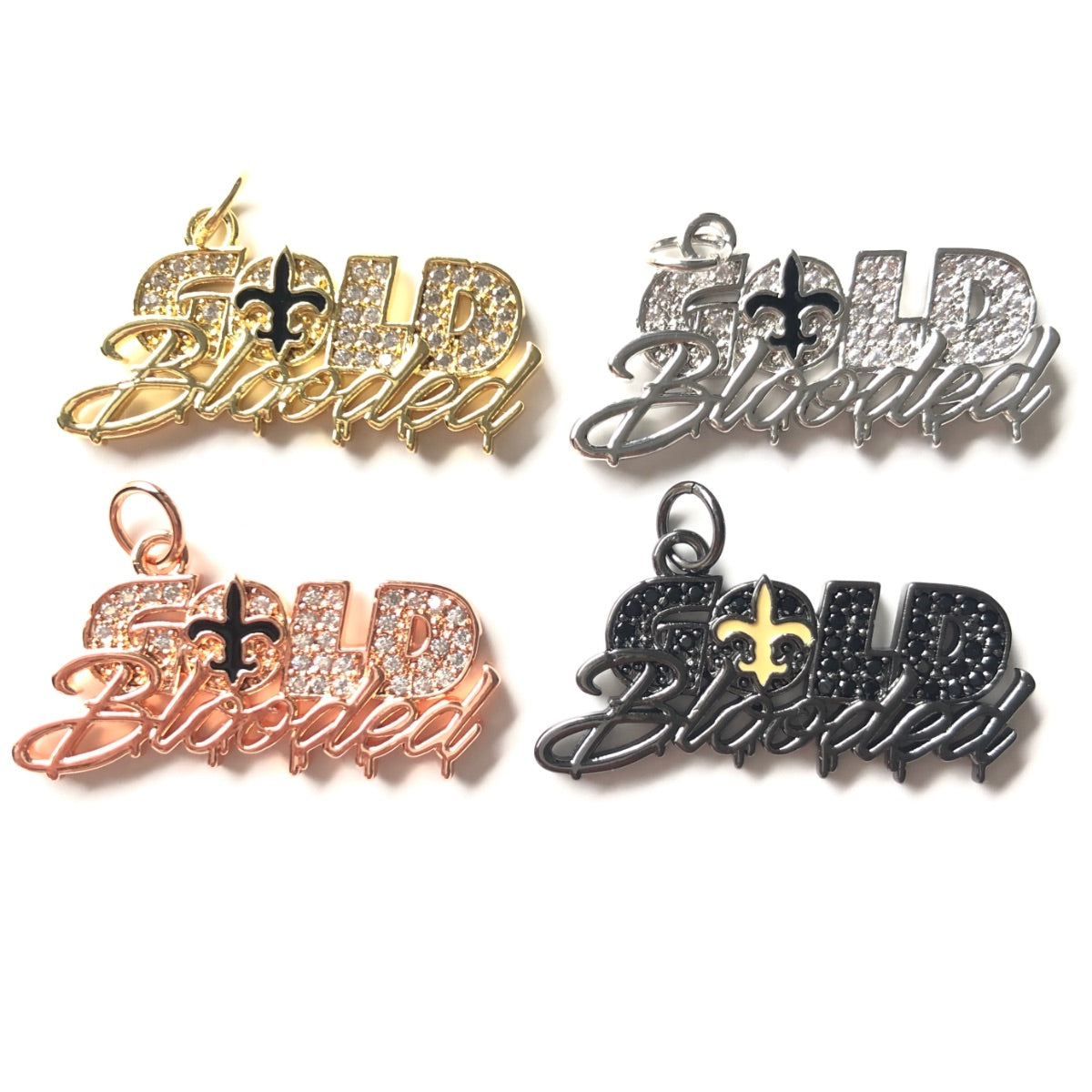 10pcs/lot 33*16.5mm Fleur De Lis CZ Saints Gold Blooded Word Charms CZ Paved Charms American Football Sports Louisiana Inspired New Charms Arrivals Charms Beads Beyond