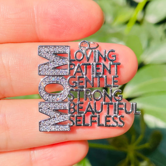 10pcs/lot CZ Pave Mom is Loving Patient Gentle Strong Beautiful Selfless Word Charms-Mother's Day CZ Paved Charms Mother's Day New Charms Arrivals Words & Quotes Charms Beads Beyond