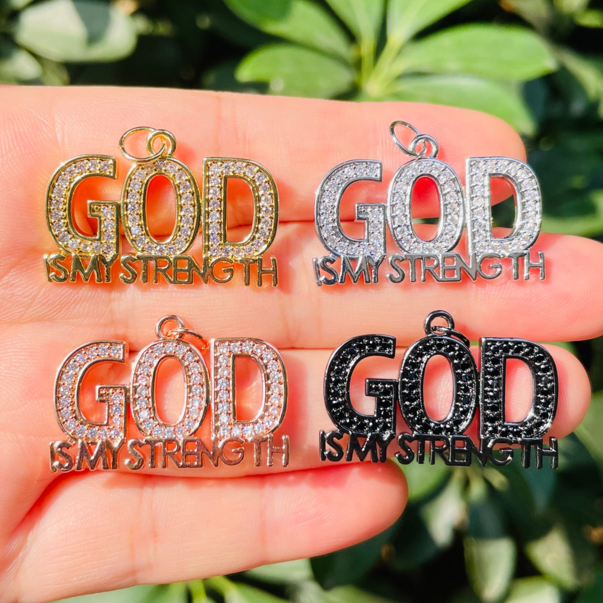 10pcs/lot CZ Paved God Is My Strength Word Charms Mix Colors CZ Paved Charms Christian Quotes New Charms Arrivals Charms Beads Beyond