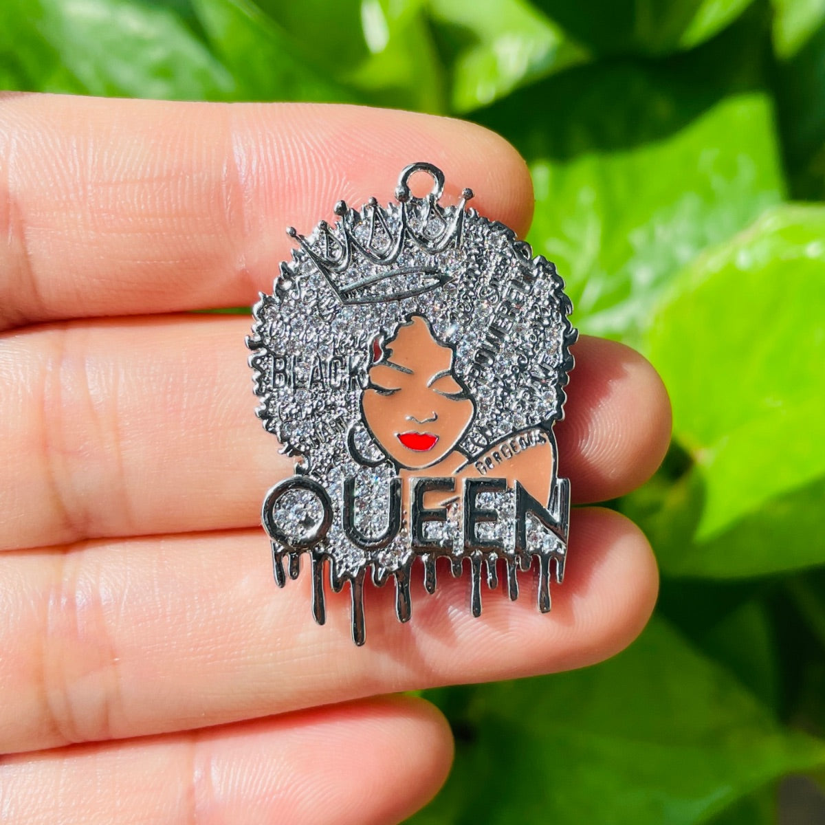 10pcs/lot 35*24.5mm CZ Pave Afro Girl Drippin' Black Queen Charms Silver CZ Paved Charms Afro Girl/Queen Charms Charms Beads Beyond