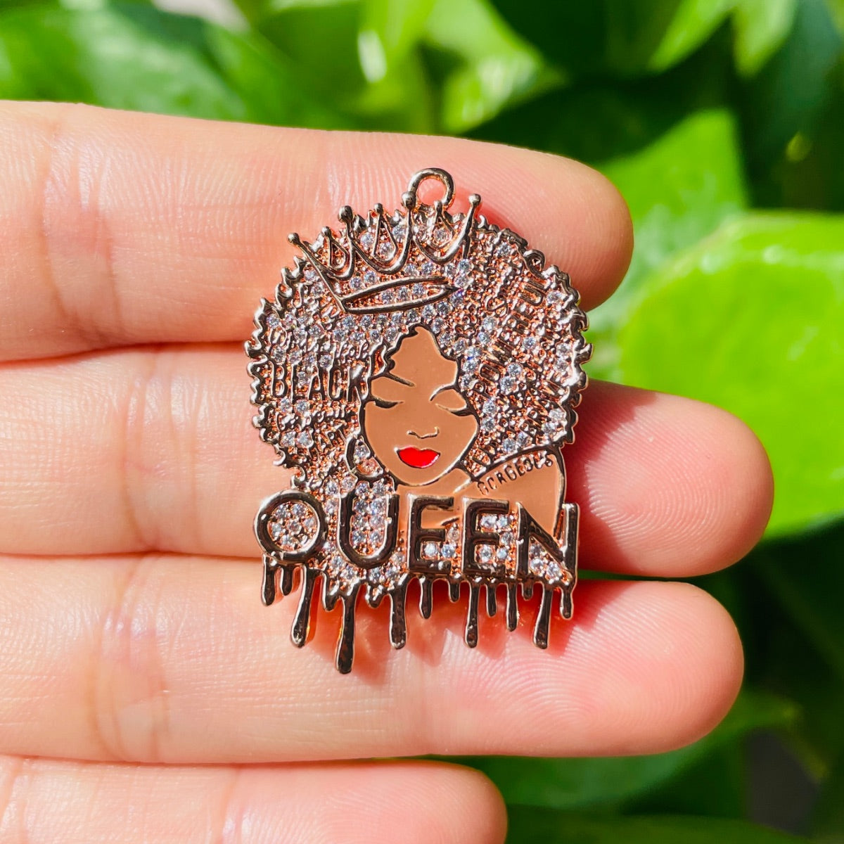 10pcs/lot 35*24.5mm CZ Pave Afro Girl Drippin' Black Queen Charms Rose Gold CZ Paved Charms Afro Girl/Queen Charms Charms Beads Beyond