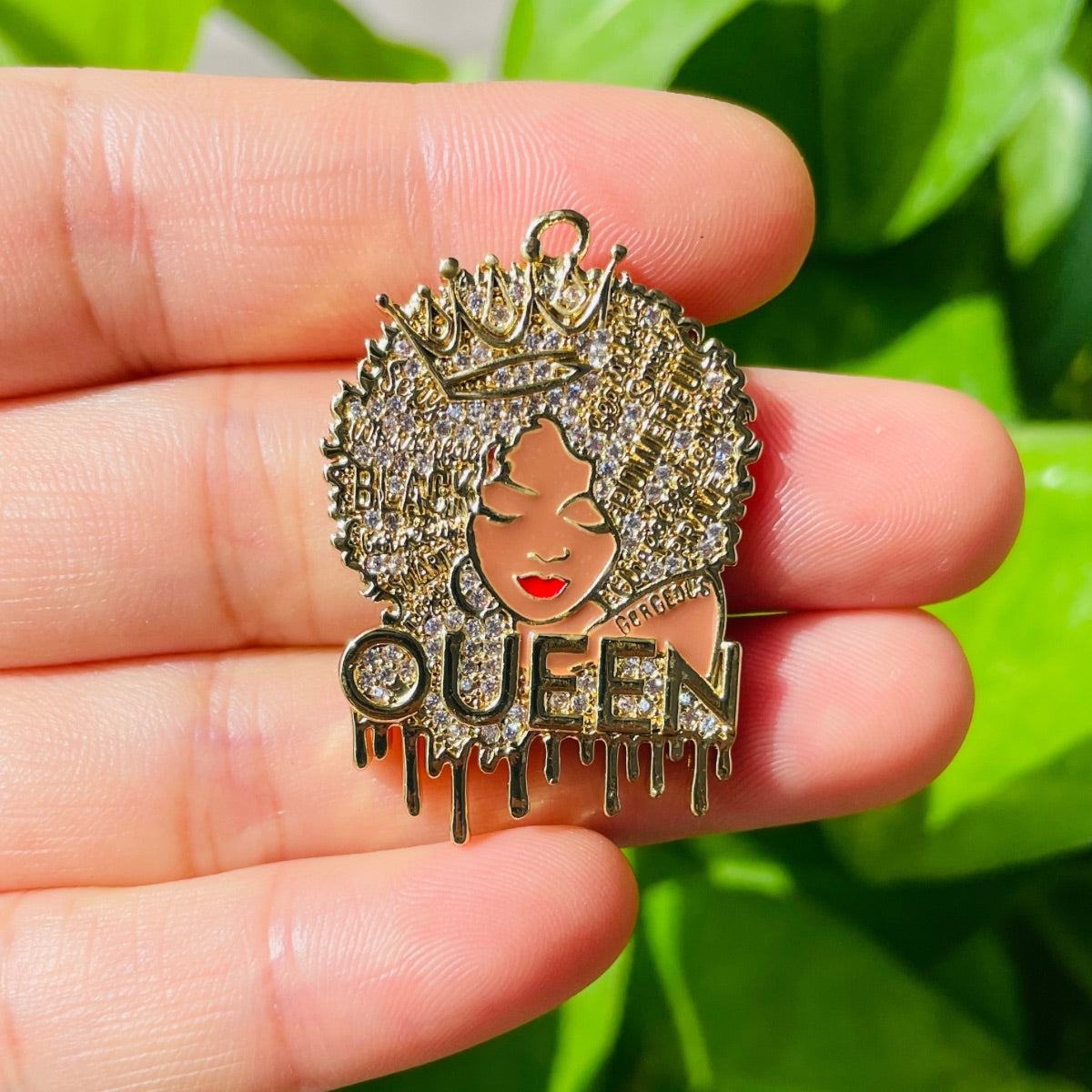 10pcs/lot 35*24.5mm CZ Pave Afro Girl Drippin' Black Queen Charms Gold CZ Paved Charms Afro Girl/Queen Charms Charms Beads Beyond