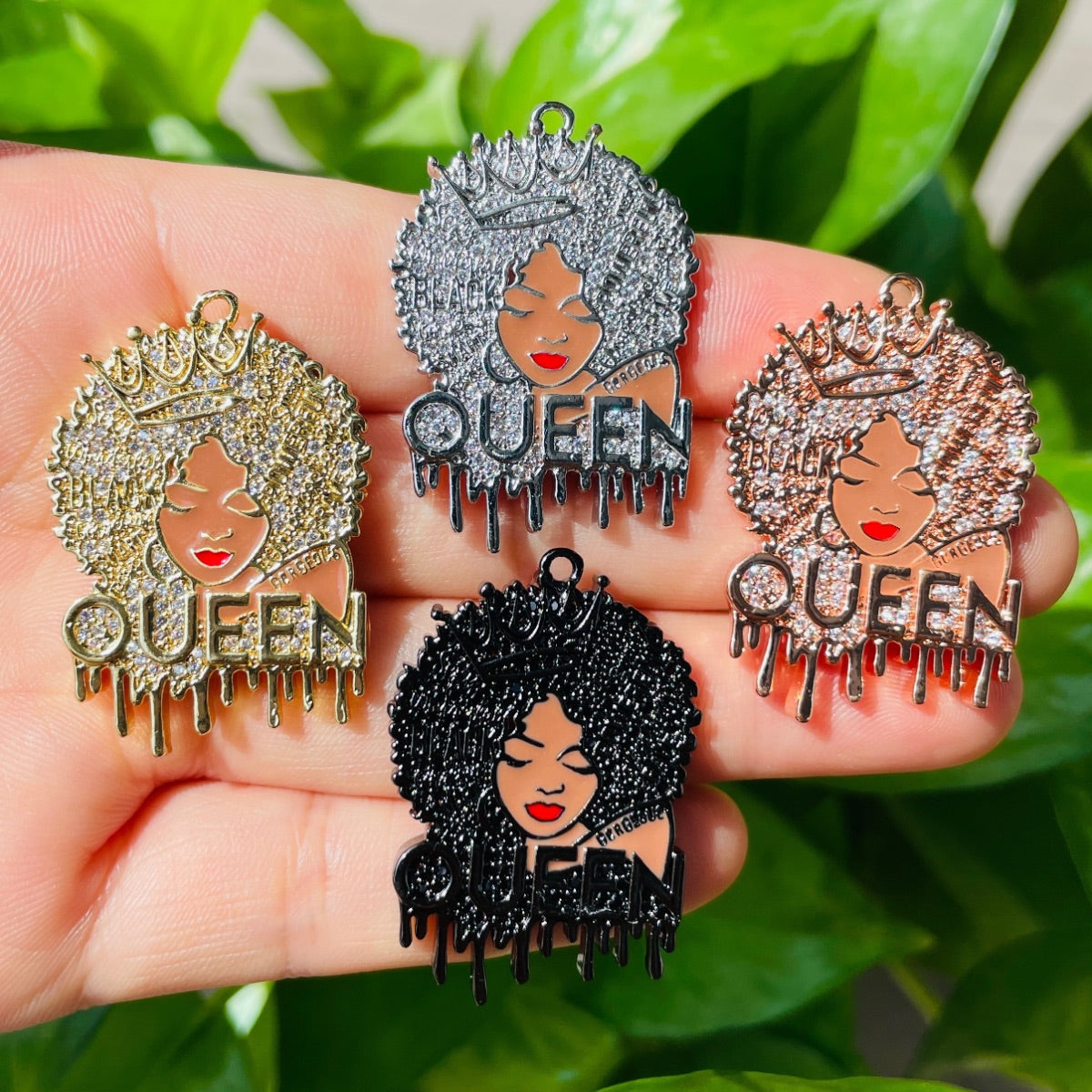 10pcs/lot 35*24.5mm CZ Pave Afro Girl Drippin' Black Queen Charms Mix Colors CZ Paved Charms Afro Girl/Queen Charms Charms Beads Beyond