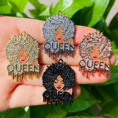 10pcs/lot 35*24.5mm CZ Pave Afro Girl Drippin' Black Queen Charms Mix Colors CZ Paved Charms Afro Girl/Queen Charms Charms Beads Beyond