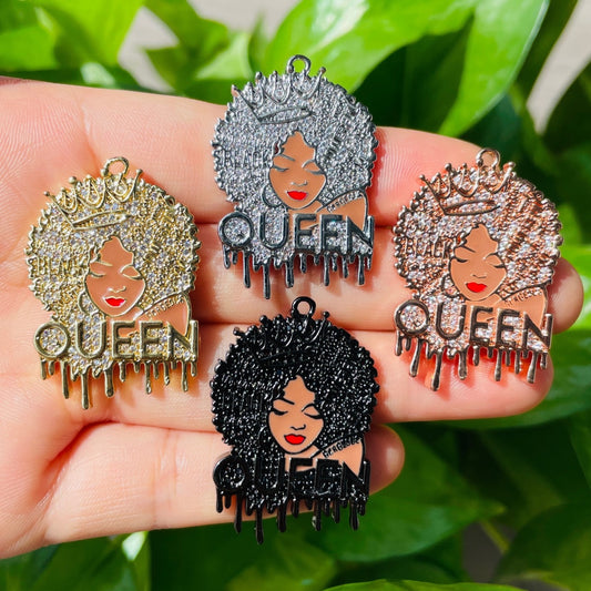 10pcs/lot 35*24.5mm CZ Pave Afro Girl Drippin' Black Queen Charms Mix Colors CZ Paved Charms Afro Girl/Queen Charms Charms Beads Beyond