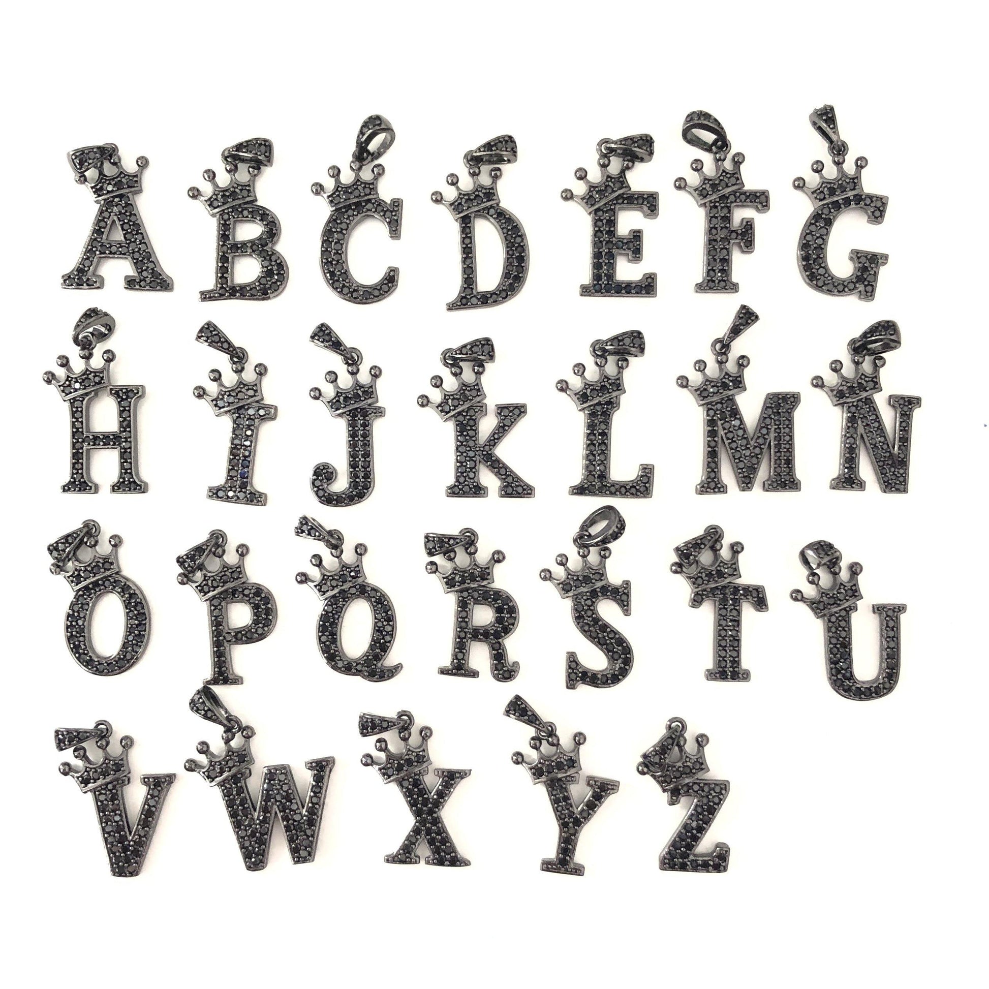 26pcs/lot 20mm CZ Paved Crown Initial Letter Alphabet Charms Black on Black, 26pcs from A to Z CZ Paved Charms Initials & Numbers Charms Beads Beyond