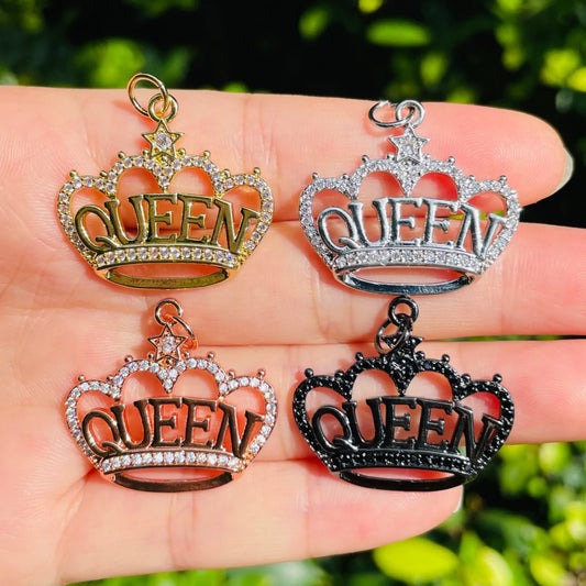 10pcs/lot 28*25mm CZ Paved Crown Queen Word Charms Mix Color CZ Paved Charms Crowns New Charms Arrivals Queen Charms Charms Beads Beyond