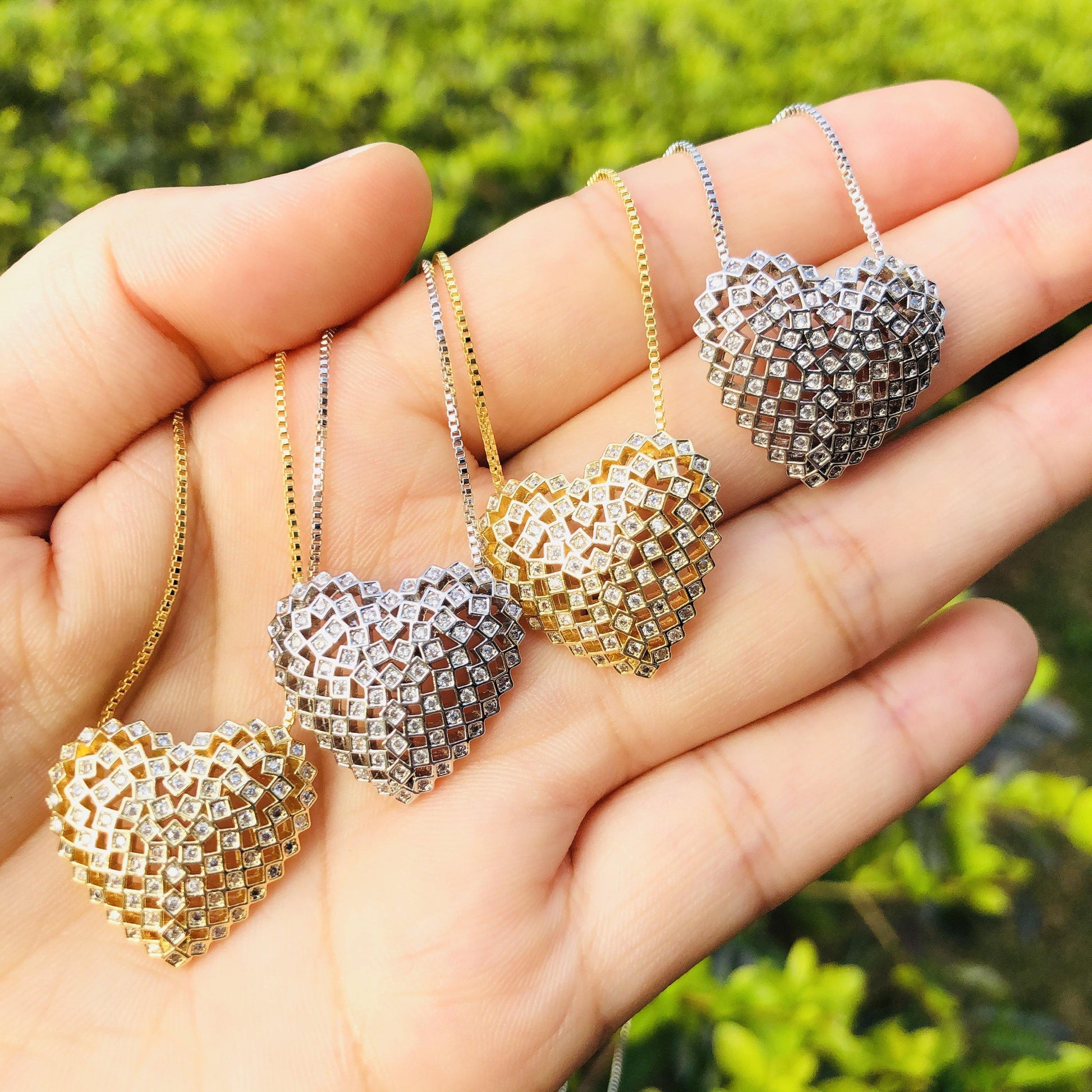 5pcs/lot CZ Paved Hollow Heart Necklaces Mix Colors Necklaces Love & Heart Necklaces Charms Beads Beyond