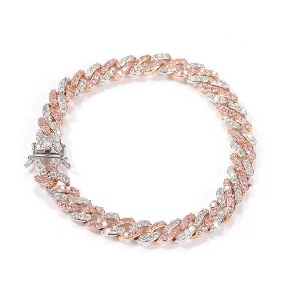 2pcs/lot 6-20 inch Clear & Pink CZ Paved Cuban Bracelets/Anklets/Necklaces Cuban Chains Charms Beads Beyond