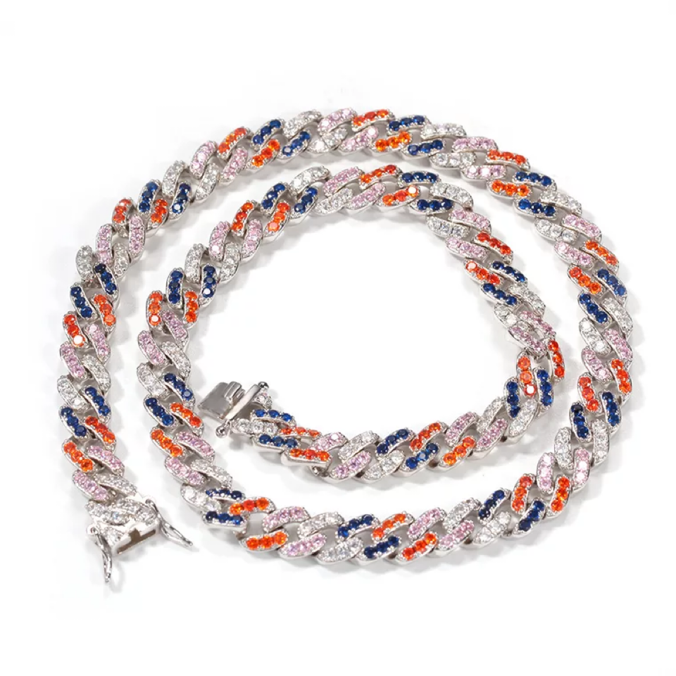 2pcs/lot 7-20inch Multicolor CZ Paved Silver Cuban Bracelet/Necklace Cuban Chains Charms Beads Beyond