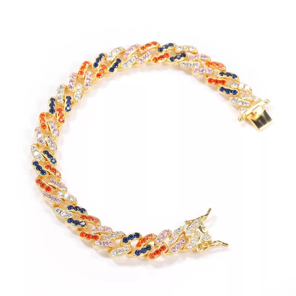 2pcs/lot 7-20inch Multicolor CZ Paved Gold Cuban Bracelet/Necklace Cuban Chains Charms Beads Beyond