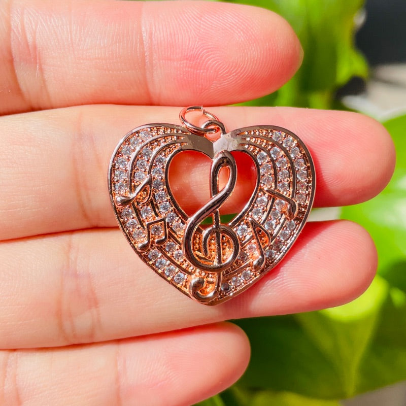 10pcs/lot 29.5*26.5mm CZ Paved Music Notes Heart Charms Rose Gold CZ Paved Charms Hearts New Charms Arrivals Charms Beads Beyond