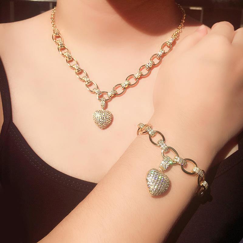 2 Sets/lot CZ Paved Heart Necklace + Bracelet Set Clear CZ on Gold Women Bracelets Charms Beads Beyond