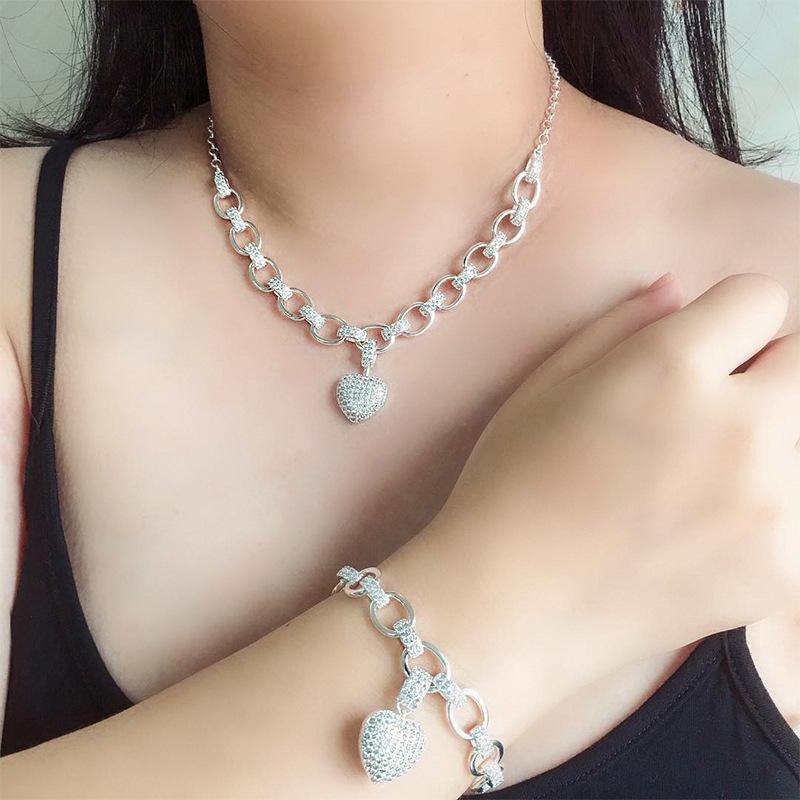 2 Sets/lot CZ Paved Heart Necklace + Bracelet Set Clear CZ on Silver Women Bracelets Charms Beads Beyond