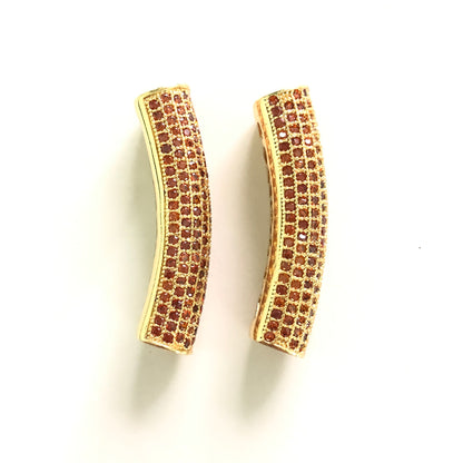 5-10pcs/lot 37.7*9mm Reddish Orange CZ Paved Tube Bar Spacers Gold CZ Paved Spacers Colorful Zirconia Tube Bar Centerpieces Charms Beads Beyond