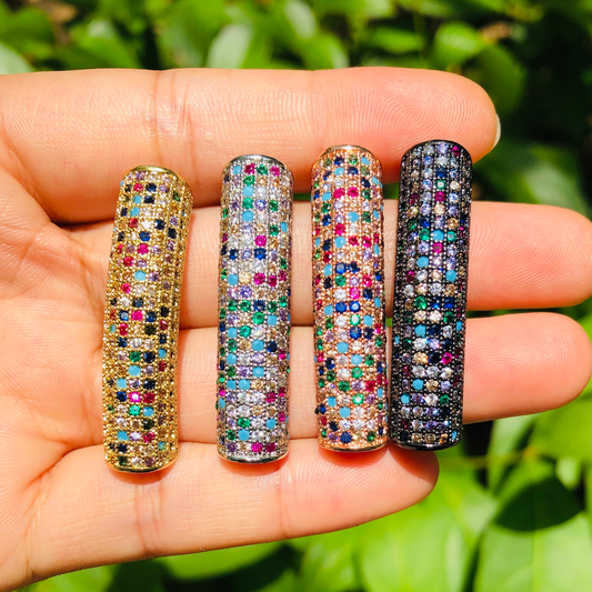 5-10pcs/lot 37.7*9mm Rainbow Multicolor CZ Paved Tube Bar Spacers CZ Paved Spacers Colorful Zirconia Tube Bar Centerpieces Charms Beads Beyond