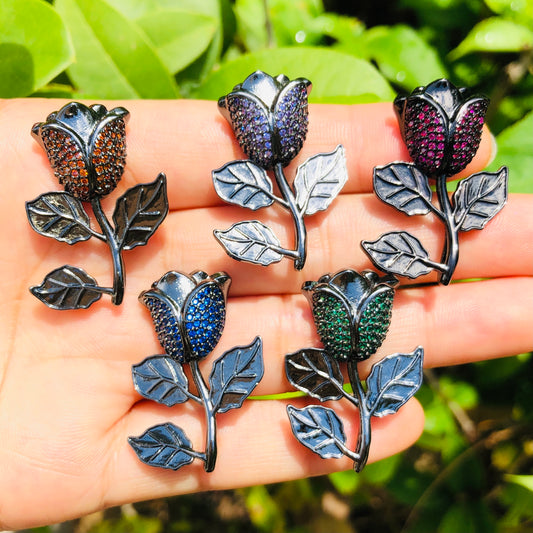 5pcs/lot 32*23mm Colorful CZ Paved Black Rose Charms Mix Colors CZ Paved Charms Colorful Zirconia Flowers Large Sizes On Sale Charms Beads Beyond