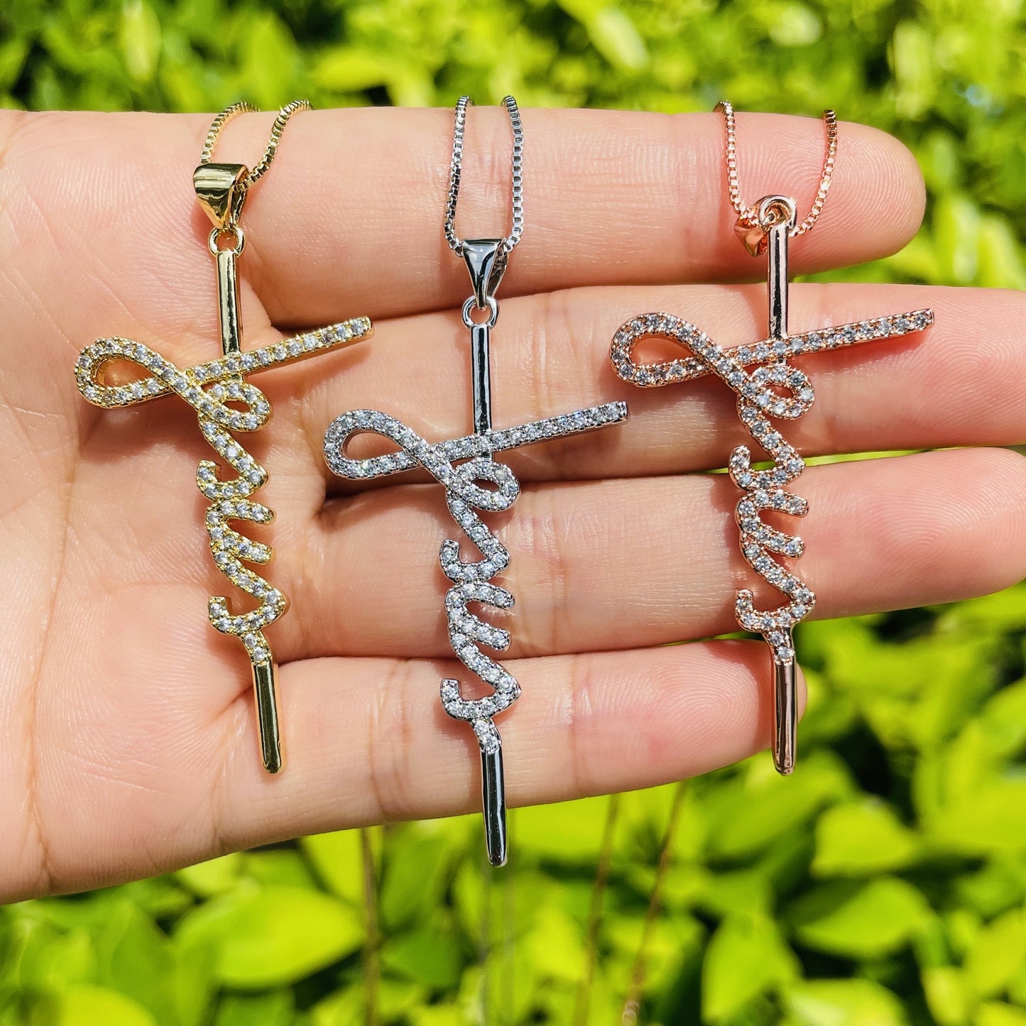 5pcs/lot 46*26.5mm CZ Paved Jesus Cross Necklace Necklaces Charms Beads Beyond