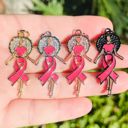 10pcs/lot Enamel Pink Ribbon CZ Pave Afro Black Girl Charms for Breast Cancer Awareness Mix Colors CZ Paved Charms Afro Girl/Queen Charms Breast Cancer Awareness New Charms Arrivals Charms Beads Beyond