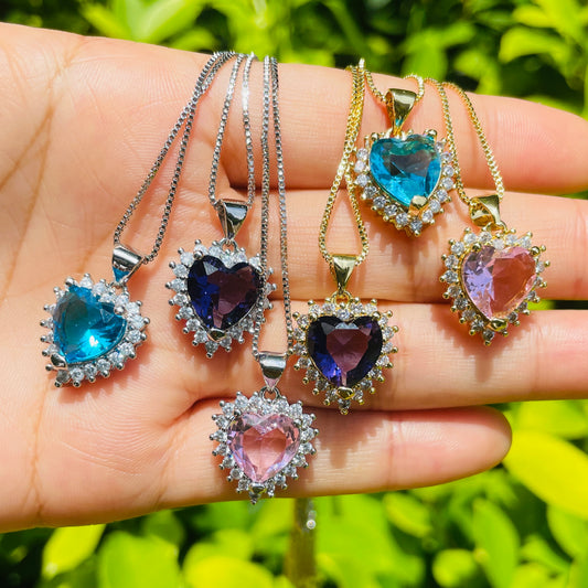 5pcs/lot 18*16mm Purple/Blue/Pink CZ Paved Heart Necklaces Necklaces Love & Heart Necklaces Charms Beads Beyond