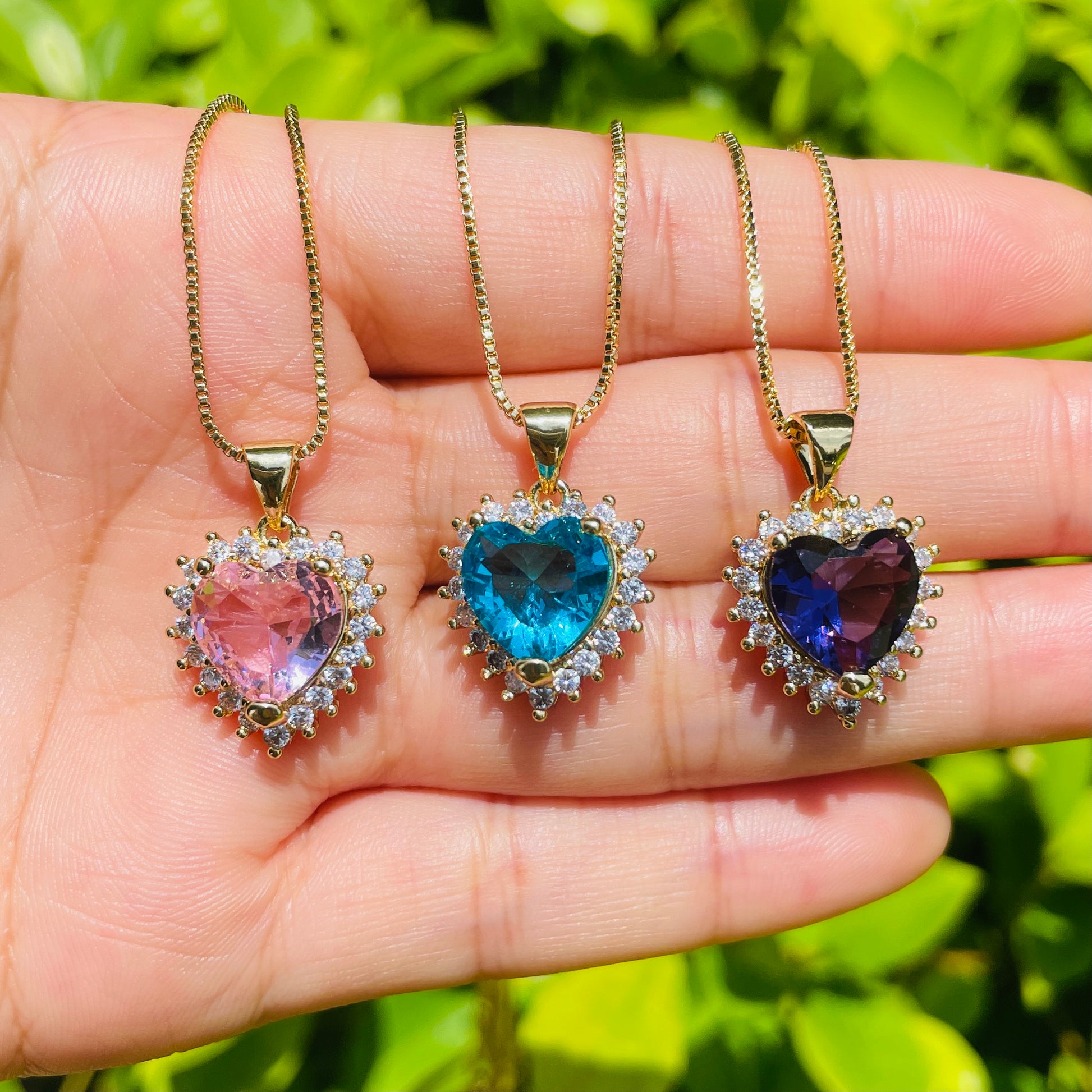 5pcs/lot 18*16mm Purple/Blue/Pink CZ Paved Heart Necklaces Mix Color-Gold Necklaces Love & Heart Necklaces Charms Beads Beyond