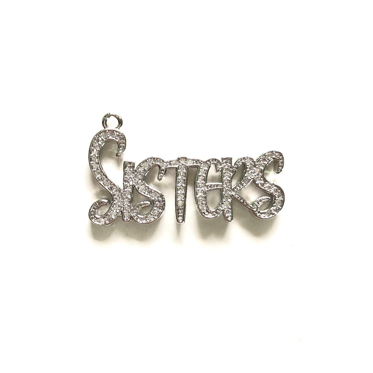 10pcs/lot 34.5*20mm CZ Paved Sisters Charms Silver CZ Paved Charms Words & Quotes Charms Beads Beyond